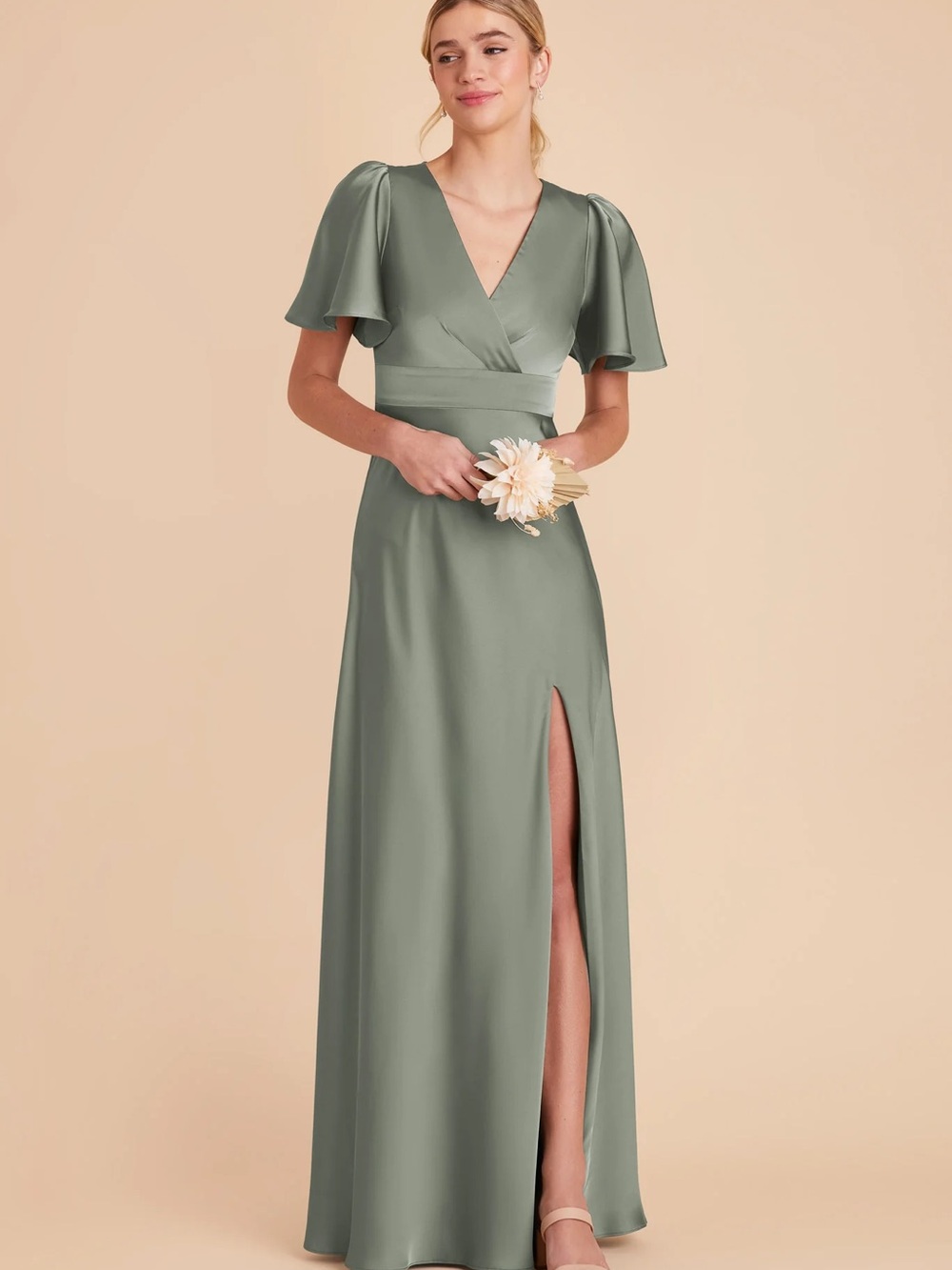 Birdy Grey Elegant Sage Green V-Neck Flutter Sleeve Maxi Dress | Marni Sea Grass